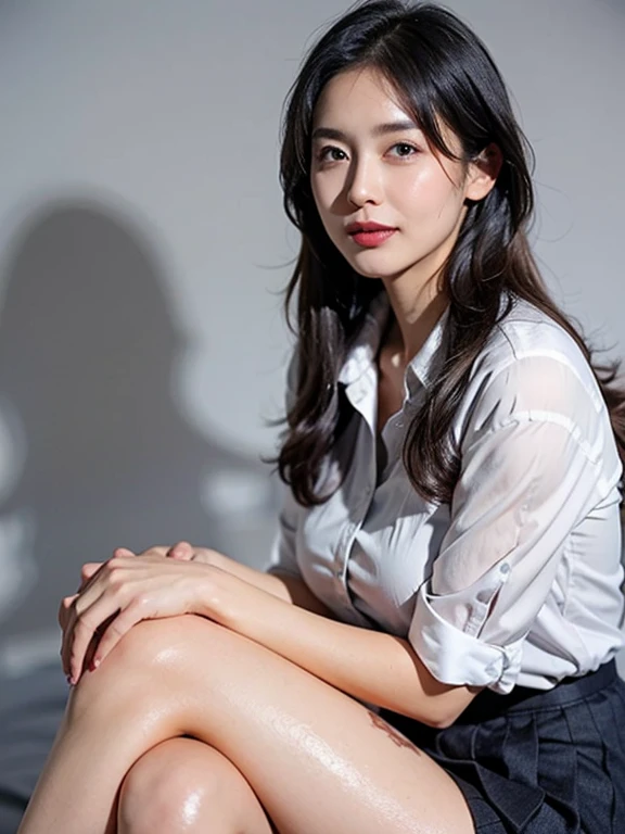 best qualtiy,tmasterpiece,超高分辨率,(photorealestic),(realisticlying:1.4),RAW photogr,1girll,(Full body photo,inside in room,sit on chair,legs crossed),good-looking face,slim,dignified,Small Fresh,(White color blouse,black short skirt),ssmile,cabelos preto e longos,Beautiful hair accessories,Beautiful teenage girl,Detailed scenes, Beautiful digital illustration, the detail,Hyper-detailed, Cinematic quality, (Beauty and aesthetics,big breasts beautiful),correct hand,anatomy correct, ((from below))