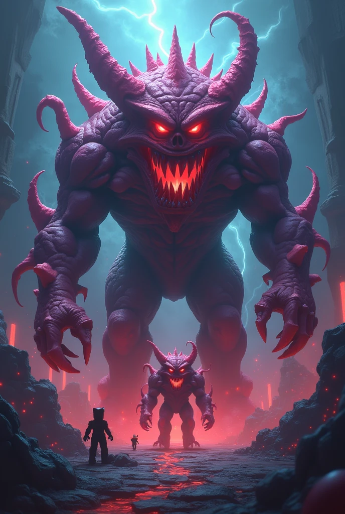 a close up of a 3D model Black monster with sharp teeth, cacodemon, the boogie monster, barney the black dinosaur, black skin, violet skin, cute monster, anorld render, in the skin of fortnite, nightmare render, furry friendly monster, ugly monster, monster concept art, fortnite skin, slime monster, great corrupter, gengar, tanny skin --auto