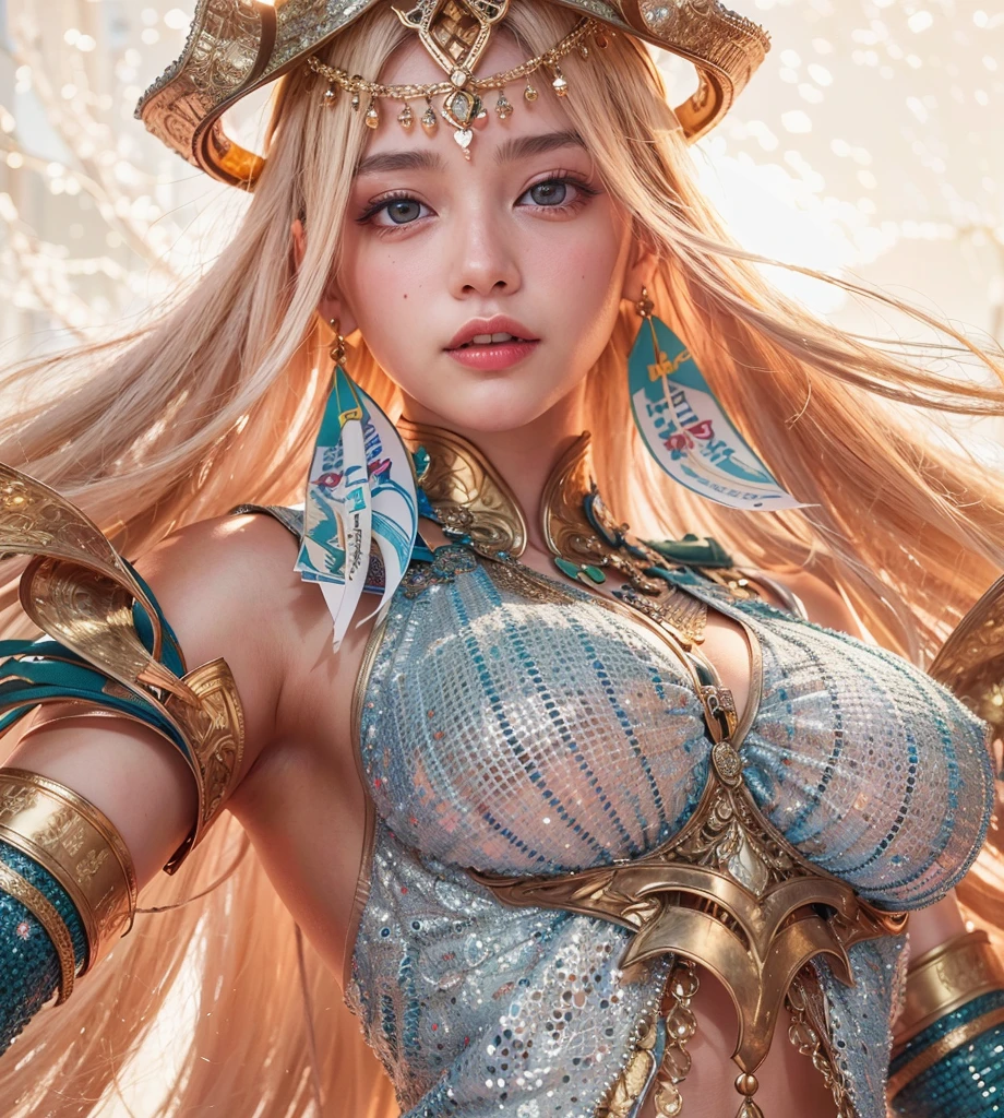 Unbeatable masterpiece, ultra real photo, Perfect artwork, Complicated details, Best quality, strong lights , hight contrast, dynamicposes, holland angle , like a dream , (Core background:1.25) , (1 plump girl) .Alone , (nine tail fox) , fox ear:1.5 , golden cape , bandagens , White robe , place one's arms behind one's back , (color difference) , (detailedbackground) , hight contrast , (best illuminate , Extremely Delicately Beautiful) , (Beautiful Meticulous Girl:1.1) , (ultra - detailed) , vivd colour , Focus sharp, The cleavage is tempting , The sheen:1.2 , (Wind lift:1.4) , (silber hair) , (Skin glows:1.5) , Large breasts ,beautidful eyes , choker necklace , ear nipple ring, hair adornments , perspired , face flushed , It's a perfect face:1.1 , beaturiful body , (High detail skin texture:1.1) , eBlue eyes , There are stars in the eyes ,Sevier's smile , Pink hairpins , eyeballs , eyeline, (strike:1.21) , pretty eyes , (delicated face) , perfect  detail , (best illuminate),Bare-chested,a hologram