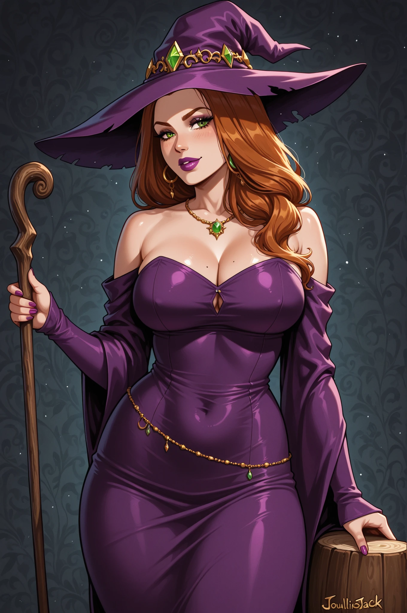 semi-realistic, anime style, 1woman reading an old scroll, she is naughty with a voluptuous pretty body, rounded sagging breast, cleavage, neon lighting, dcSorcwitch hat, strapless dress, detached sleeves, FanUn, highly detailled backround, in abandonned subway, a fantasy underground laboratory, with cauldron, fireplace, torch lights on walls, scroll, grimoire, skeleton, moss on the wall, we can read "Witch" on the wall.