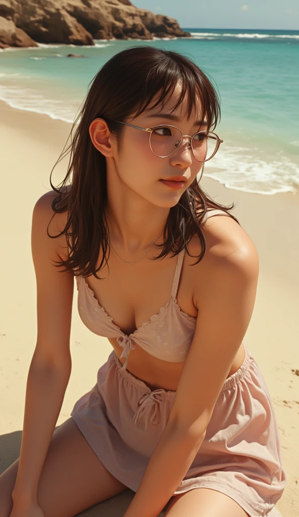 8K,Raw photography,cinematic lighting,top-quality,hightquality,Extreme Detail Photography, (Photography Lighting:1.3),Raw photo,Best Quality,masutepiece,ultrasonic high resolution, Realistic,(mideum shot:1.5),(above knee shot:1.3),(walking:1.3), 1girl,Japanese,The face is about 25 years old,Puffy eyes,Eyes in good shape,Brown-eyed,dark brown short hair,(disheveled extra fluffy pixie cut:1.2), good lips,Natural makeup, (sunburn tanlines:1.2),cleft chin, (slanted eyes), (windsor glassses:1.5), (crooked tooth:1.2), smiling widely, Eye for extreme detail,Super Detail Face,Hair in super detail,Super detail body,(Slender body:1.5), BREAK (pastel color sundress with Gingham check:1.2),(detailed fabrics:1.3),(cleavage:1.3),(no bra:1.3), BREAK (on the beach:1.5),(near the waves),(sunshine:1.5),daylight,(selfie:1.5),
