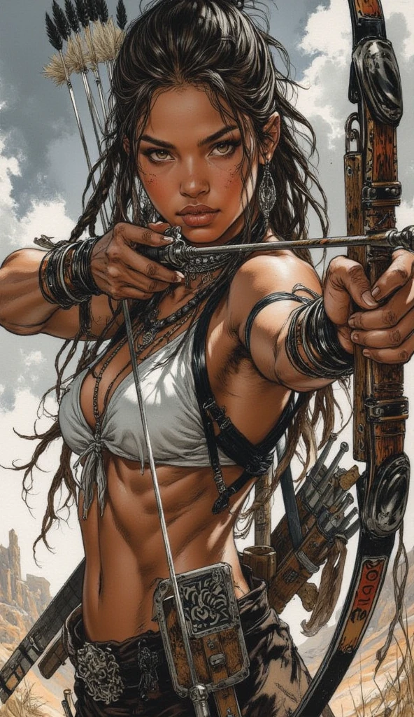 (((mulher))), (((melhor qualidade))), (((obra prima))), (((adulta))), Uma guerreira mulher de 35 anos com corpo perfeito, Brooklyn Gladiators, (( under boobs )), quase nua no estilo selvagem urbano de Simon Bisley para a capa da revista Heavy Metal, cabelo loiro, Minimum clothing, red and white checkered pattern, armadura, cheio de pontas e rebites, tatuagem tribal, (((do joelho pra cima))), cabelo desalinhado