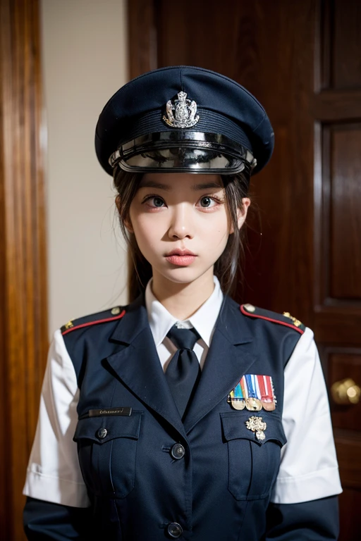 Detailed face of half body photo. 25 year old Indonesian girl with a sweet  face,  big  round face and long brown wavy hair, round glasses, cursing the black uniform of a German army officer during World War 2 complete with hat, standing on the ruins of a building



