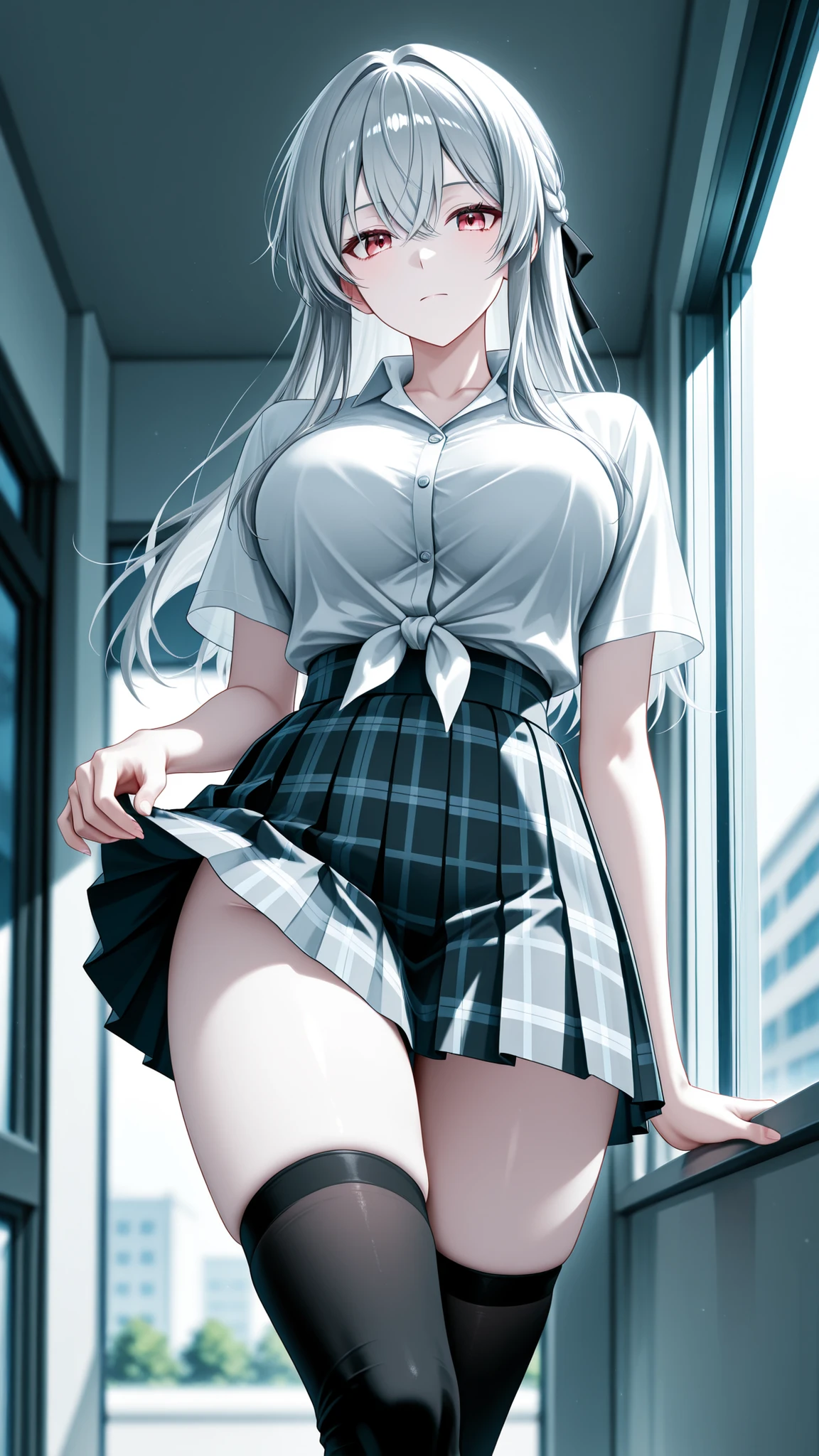 score_9, score_8_up , score_7_up , score_9,Score_9, Score_8_up , Score_7_up ,Anime-style lower body composition, crossed legs lifted toward viewer, matte black over-knee socks with slightly rolled top edge revealing pale luminous skin, pleated gray checkered mini skirt with natural draping folds, hand resting lightly on left thigh crease, background with huge window emitting diffused daylight, blue-hazed blurred scenery outside, cool-toned palette (70% icy white + 20% charcoal + 10% light gray check), shallow depth of field