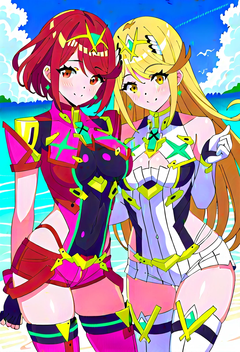 some pretty anime characters fighting over with one another over the top of them a sun blushing lewd face while wearing very tight boots micro leaf bikini, standing an animated figure with white hair holding a leaf and a green leaf behind her is speech bubble