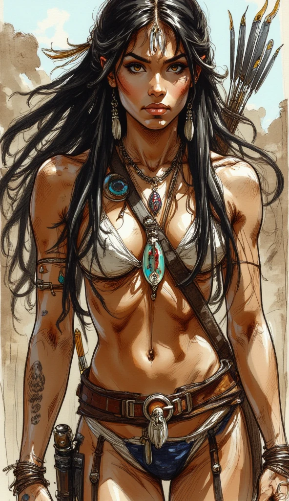 (((Simon Bisley))), (((Frank Frazetta))), ((((absurdists))), (((best quality))), (((masterpiece))), voluptuous 35-year-old muscular Aztec woman, feather headdress on her head, pre-Columbian warrior, war paintings by the body, perfect and proportional body, dark-skinned indigenous warrior wearing very few clothes and many necklaces and adornments by the body, long straight hair, clothing made of patches, tiny thong all torn, Holding a saddlebag and walking among Aztec pyramids, mountain ranges in the background, lots of heat, she is sweaty and her black skin glows under the scorching sun, coarse armor on her left arm