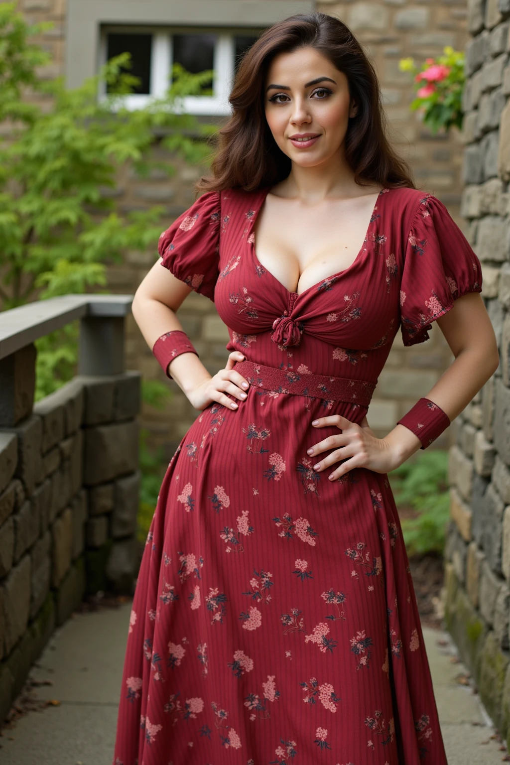 Realistic portrait of a mature woman, wearing Flowers motif, red dresses, elegant patterned . Location of the most beautiful Harbour. Soft lighting, night condition, She should have a natural appearance, curvaceous forms, blue eyes, gray hair. Shoot this image in high resolution with a 35mm lens to get a good perspective.”