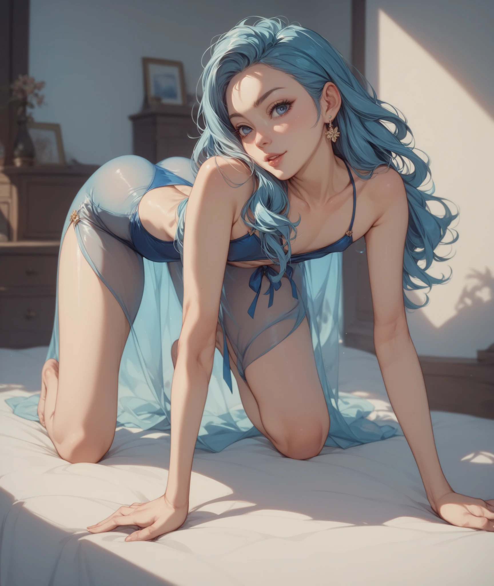 Best quality, Masterpiece, Portrait, Perfect anatomy, Femininity, Cool, Flawless, , Solo, Sexy, Stylish, Mature, Long light blue hair, Mole above lip, Red lipstick, Water drops, Sweat, Wet, Transparent dove sexy dress, in the room he lies on the bed and holds the phone in front of him