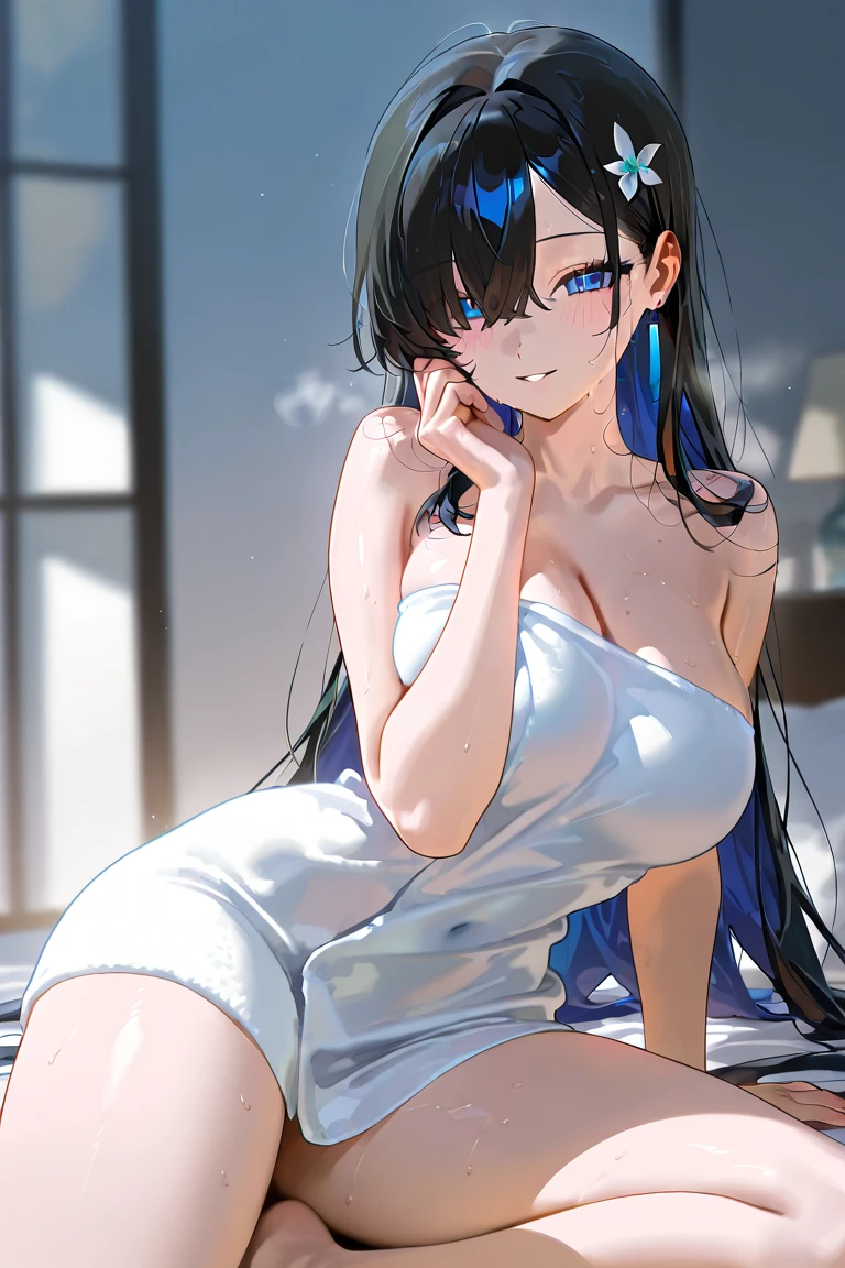 masterpiece, best quality, 1 girl, long hair, blue hair, Put your arms behind your back, blue eyes, clouds in sky, robe, flame