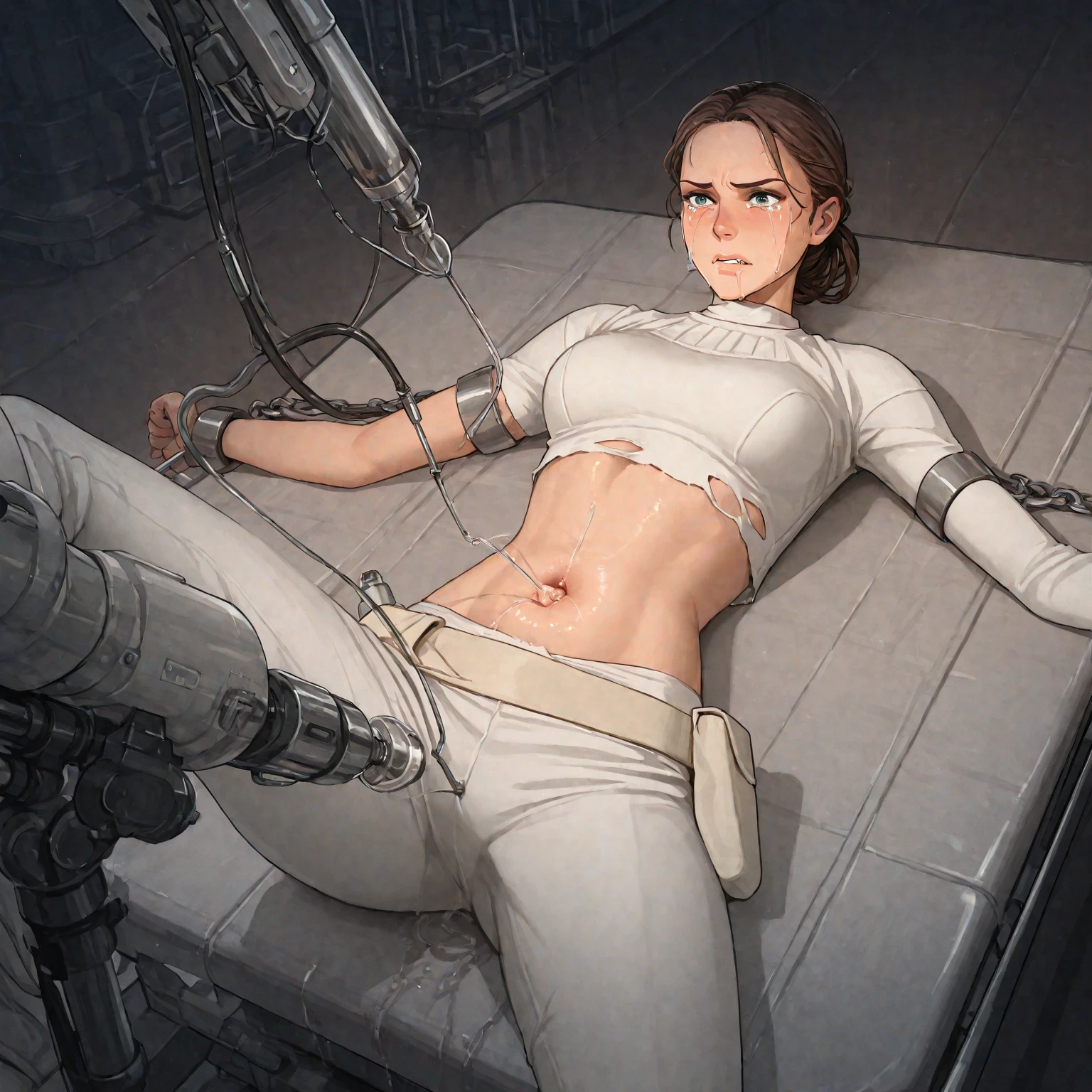 Japanese beauty ?????,Gun belt at the waist,Wearing western boots,Watch on wrist,Being drunk,Crying and being scared,Peeing,indoor,Above the knee shot,Lying in bed,Ultra-high resolution,16K