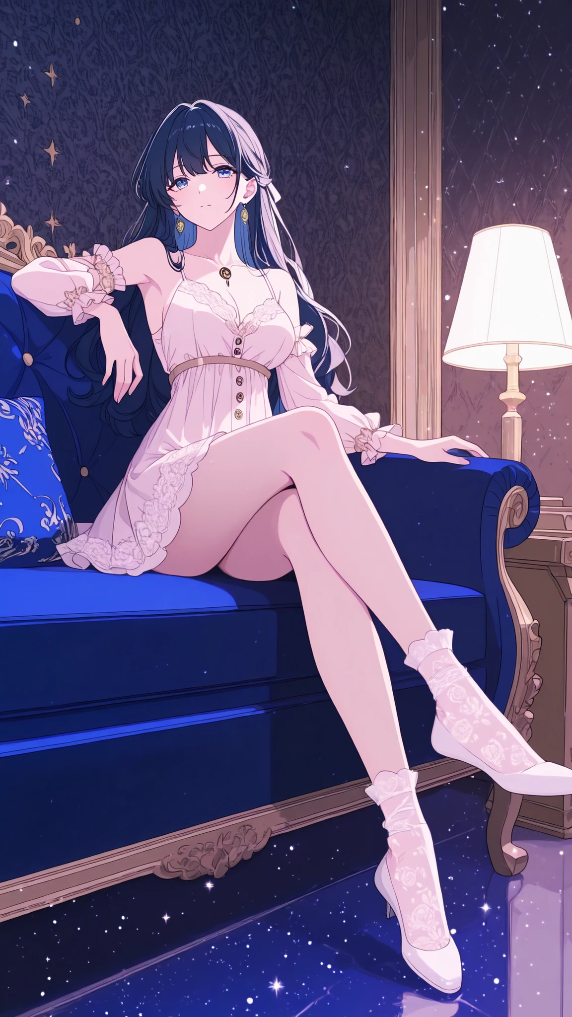 score_9, score_8_up , score_7_up , score_9,Score_9, Score_8_up , Score_7_up ,Sensual indoor scene, young woman seated sinking into navy blue velvet sofa (carved armrests + metallic dome button details), wearing pink-to-white gradient sheer lace chemise with burgundy ruffle trim at neckline & hem, left hand resting lightly on sofa edge, legs crossed in pure white ankle socks, sofa adorned with blue-white tasseled throw pillows, background dark gold damask wallpaper, soft lighting filter,