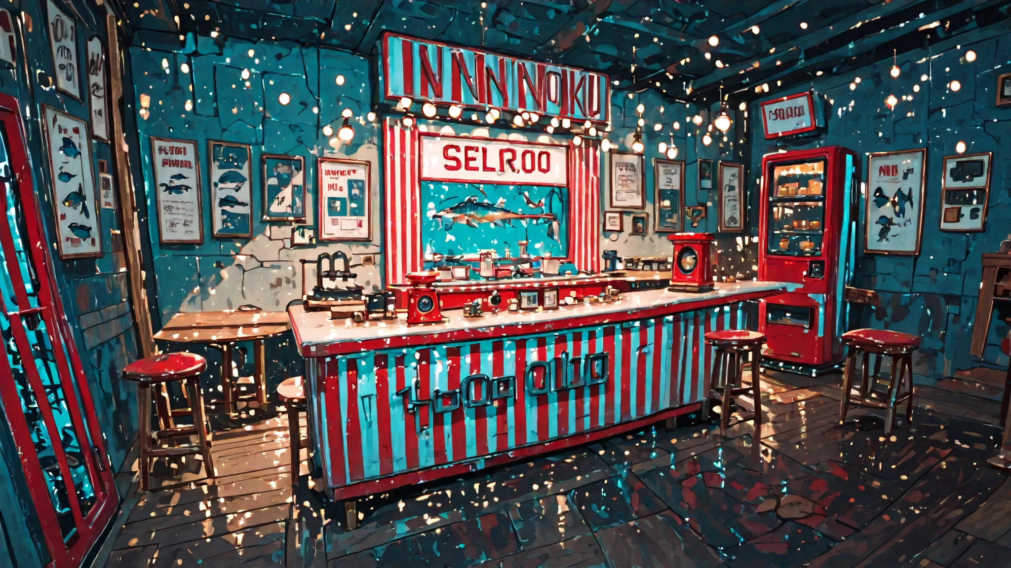 scenery, fisheye perspective, panorama, no humans, masterpiece, best quality, cinematic lighting, highly detailed, details, ultra quality, HDR, 8k, ((bokeh, telephoto, sharp focus)), ((amazing composition,)) (((score 10,))) ((loaded interior,)) [red accents], (((rundown retro blue white striped fish-motif diner, stools, counter, wall art, booths, tables, pickled herring, menu,))) cash register, old splintery wooden spruce floor, ((blue dim lighting, uplighting, dark, darkness, saturated shade))