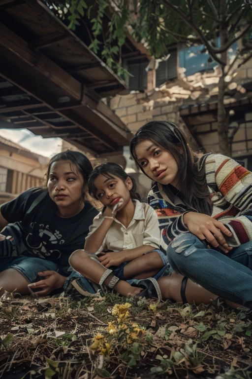a 40 year old adult woman and a 7 year old child, They are sitting on the sidewalk of a big city with sad looks and looking at the camera., they are highlighted in the foreground, the background is blurred in the background showing what appears to be cars and light poles lit and trash scattered on the street and sidewalk, it&#39;s getting dark, Colorful 8K Photo Portrait, soft portrait photographed in 8k, ultra realistic digital painting, realistic digital painting, hyper realistic digital art, high-quality portrait, ultra realistic digital art, ultra realistic digital art, photorealistic digital painting, cinematic realistic portrait, image ultra realistic, highly detailed vfx portrait, 8k hdr movie, Colorful 8K Photo Portrait, award-winning cinematographic style by Fabien Charuau and Emmanuel Lubezki