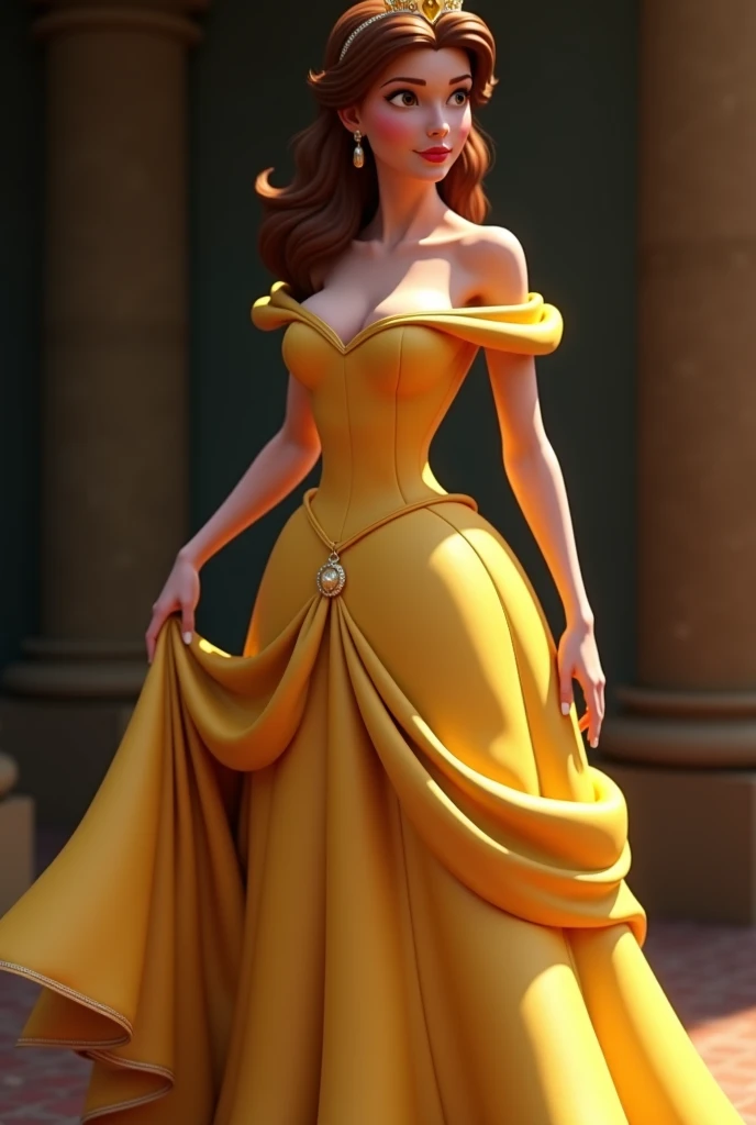 ((Full body photo, standing, feet on the floor)) belle, 1girl, solo, long hair, smile, brown hair, hair ornament, gloves, dress, bare shoulders, jewelry, flower, earrings, elbow gloves, hair flower, necklace, rose, hand fan, stairasterpiece:1.2), (best quality), (ultra detailed), (8k, 4k, intricate),(full-body-shot:1), (highly detailed:1.2),(detailed face:1.2), (detailed background),detailed landscape, (dynamic angle:1.2), (dynamic pose:1.2), princess Belle, nacked , short dress , full body look, wear heels 👠, Disney p