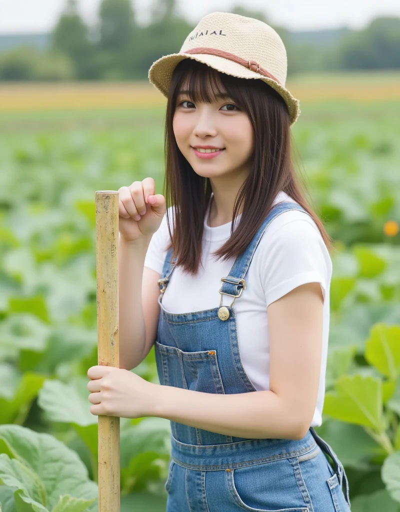 Farmer girl in Japan, Have freshly picked vegetables, The background is a field of Japan, black hair, Canon, UHD, highres, 4K