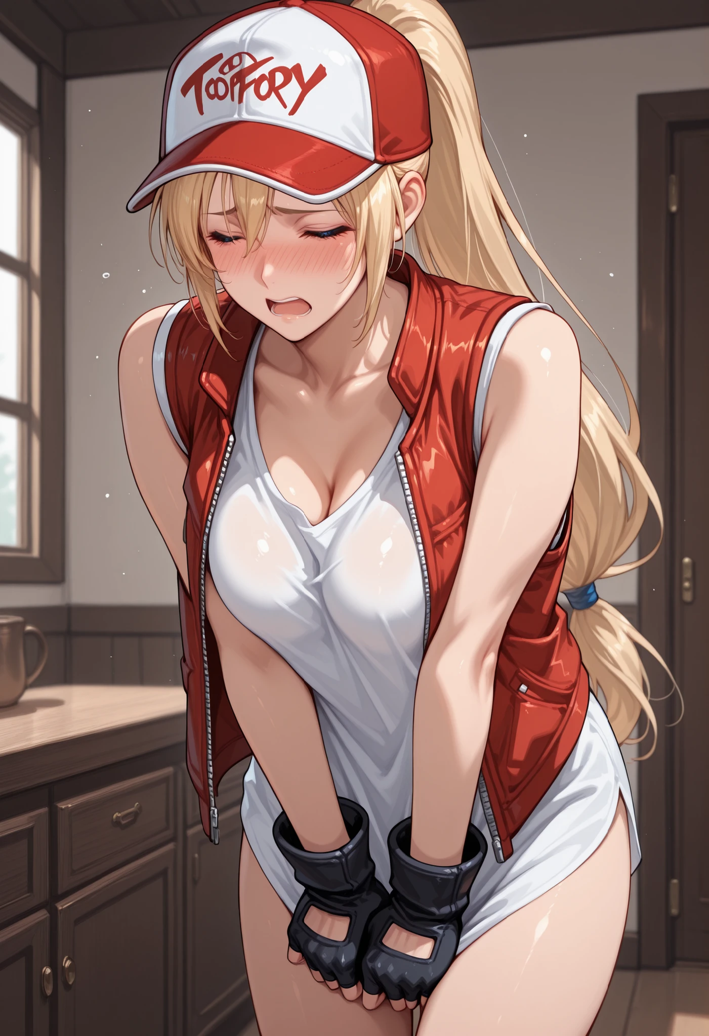 (day:1.7),
sitting on the floor,sleeveless,((((cropped tank top, panties, thug, blood on hands, blood on hair, dominant mistress, prison, doing something sadistic and savage)))), thighs,
blonde hair,blue eyes,bangs, Long_hair,(hair between eyes:1.3),
1 girl, 20yo,mature female,Beautiful Finger,Beautiful long legs,Beautiful body,Beautiful Nose,Beautiful character design, perfect eyes, perfect face,
looking at viewer, in the center of the image,focus on face,
NSFW,official art,extremely detailed CG unity 8k wallpaper, perfect lighting,Colorful, Bright_Front_face_Lighting,
(masterpiece:1.0),(best_quality:1.0), ultra high res,4K,ultra-detailed,
photography, 8K, HDR, highres, absurdres:1.2, Kodak portra 400, film grain, blurry background, bokeh:1.2, lens flare, (vibrant_color:1.2)
(Beautiful,Large_Breasts:1.2), (beautiful_face:1.5),(narrow_waist),