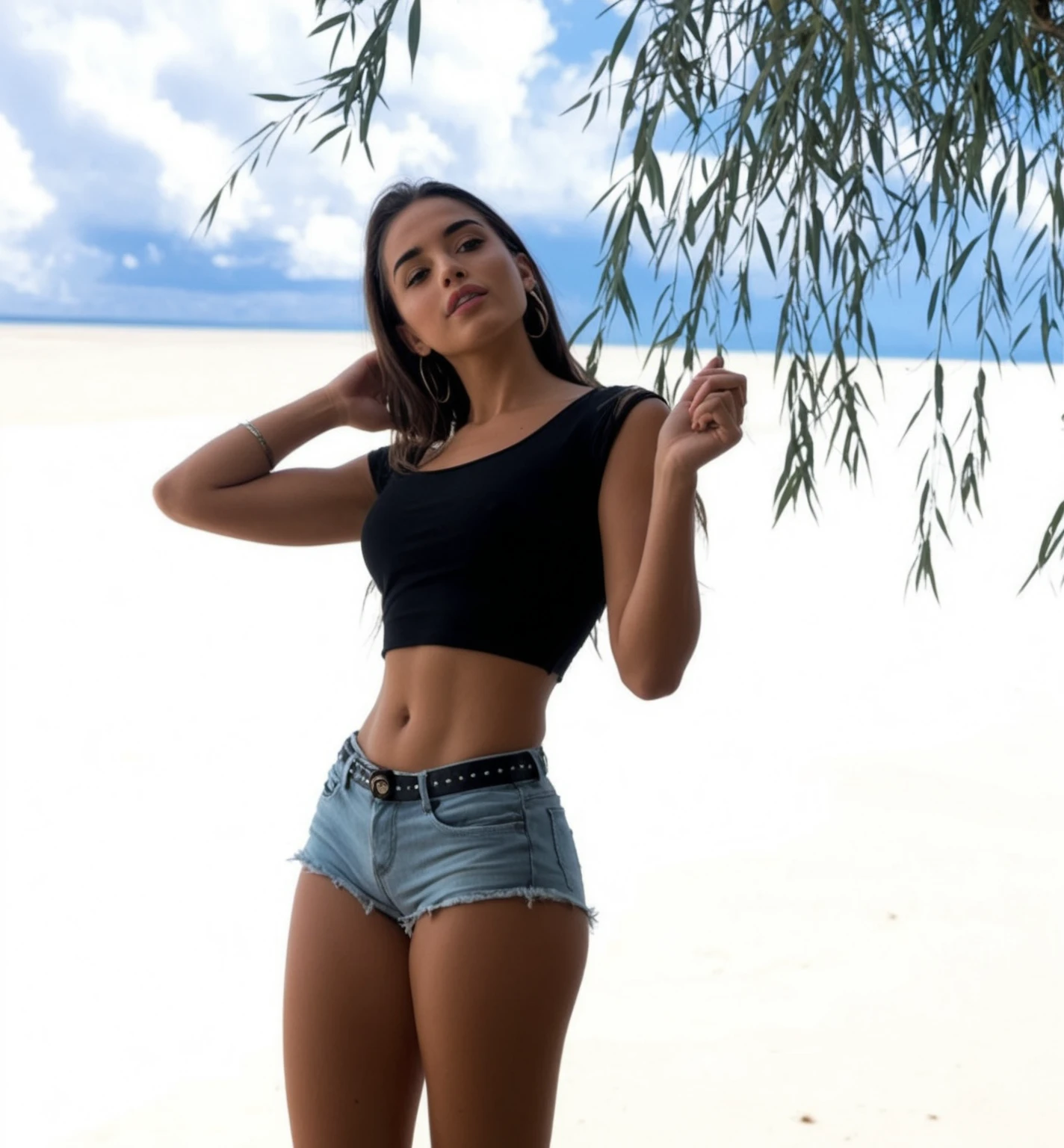 (Please generate an ultra realistic image of a 16 year old girl posing in a parking lot, wearing a white bikini top and denim micro shorts. She has long, straight light brown hair, very long hair, straighter hair, and subtle, natural makeup . The photo should show that she is not wearing any obvious makeup. She should look at the viewer seductively. Innocent look, The face should look real and natural. The girl has a sweet posture and the posture should also be sweet. Make sure the woman's entire body is visible in the photo. Image details should be high quality (best quality at best)), ((masterpiece)), (obvious pussy), have perfect face , thick thighs, smile, thin waist, perfect and delicious body, sexy and provocative girl, long hair down to the waist, detailed skin pores, tiny hottie, extremely hot and sexy, 4k ultra HD, sunny beach, blue sky, extreme realism , beautiful smile