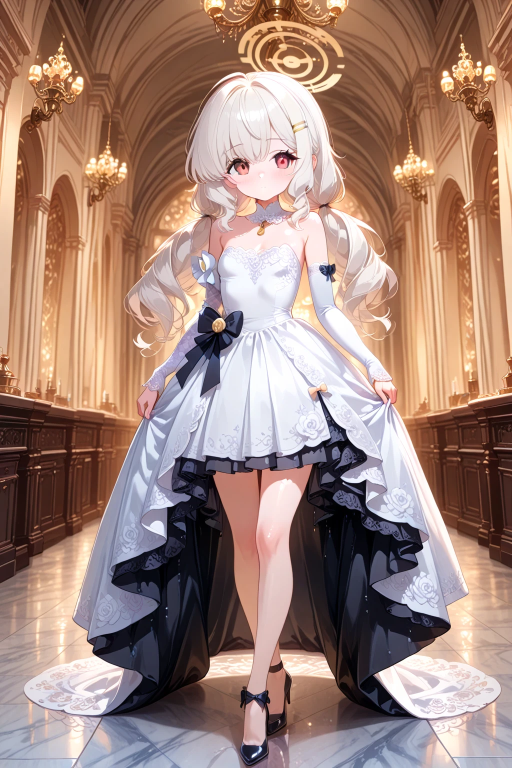 A girl,short hair, bangs, White hair, Hair between the eyes, Purple Eyes:(1.5), (Large Breasts:1.2),
rest clavicle, Wedding dress,Veil,wedding,White dress,Flowers,Broken skirt,White socks,Tights,White knee socks,
looking at viewer, whole body,
indoors, church,Standing,Standing,
rest (masterpiece:1.2), best quality, high resolution, Unity 8k Wallpaper, (illustration:0.8), (Beautiful and delicate eyes:1.6), Extremely detailed face, Perfect lighting, Extremely detailed CG, (Perfect hands, Perfect anatomical structure),