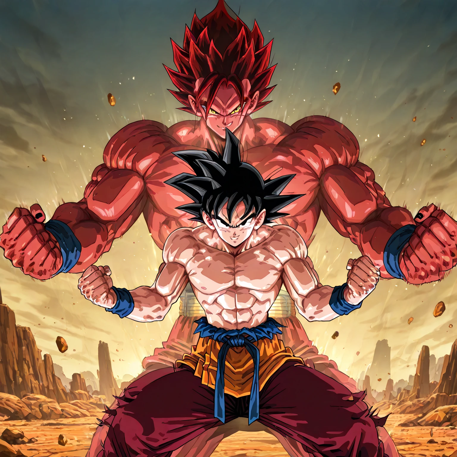 A detailed anime style drawing of Son Goku as a super Saiyan. blonde hair, Big muscles, Bodybuilder body, Bare torso, barefoot, sole of the foot, toes. Tight biceps, torn pants, dynamic fighting pose