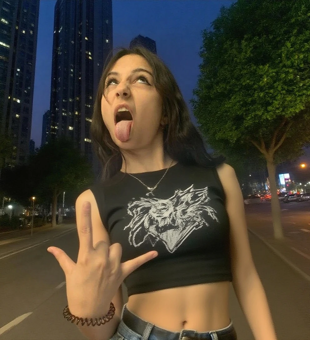 masterpiece, best quality, 1girl,,small breasts,short hair,white hair,sharp teeth,fangs,choker,blue eyes,heart shaped pupils,demon horns,blush,(outdoor,pavement,traffic light,road sign),looking at viewer