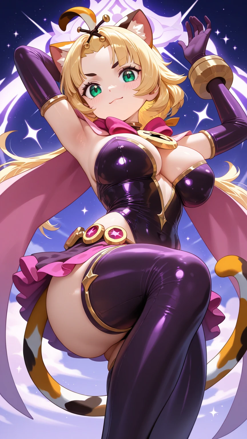1个Giant Breast Girl，Golden hair，Purple clothes，double-ponytail，long whitr hair，messy  hair，bunnygirl，climaxing，Official art full body photo，Heart-shaped halo，heart - shaped pupils，Slim figure，The chest is large，Lace，Erotic lingerie，Suspenders