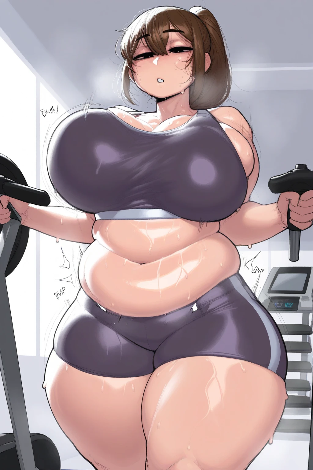Woman wearing white culottes((Bent over)),Orange Hair,Bright Blue Eyes,ponytail,Thick bones,Beautiful curves,Medium Hair,Curvaceous body((From below)),Blushed,Captivating look,Smooth and thick thighs,Chubby!!,Sweat,vapor,Wide torso,Huge breasts((From below)),Being in the training gym,Wearing a white sports bra,