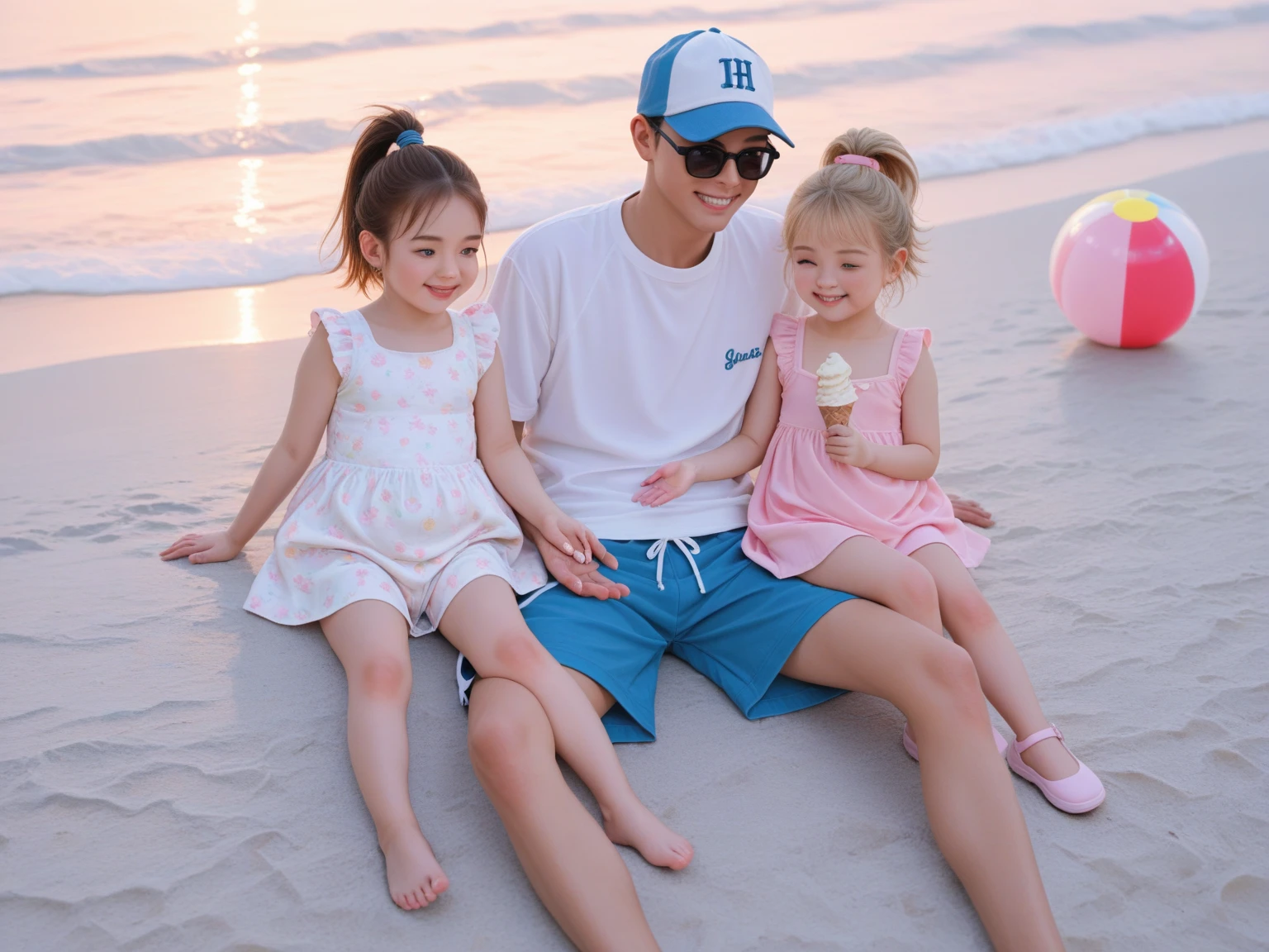 young boy sitting on his mom's lap, appropriate yellow underwear clothes, black shirt, blonde hair, sun glasses, beach background, detailed shiny skin, sweat, mother and son, 1kid, 1boy
, thick thighs