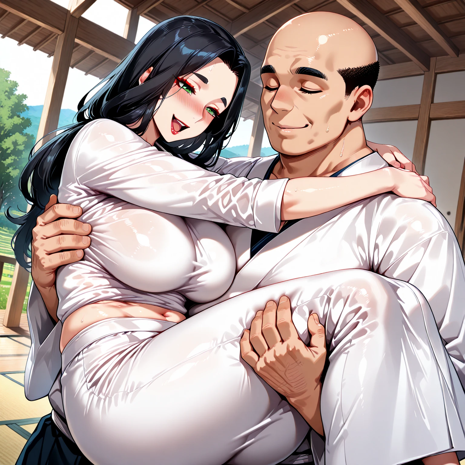 score_7_up, BREAK source_anime, RRukaV4XL, 1girl, japanese clothes, open kimono, bright pupils, floral print, white open kimono, hair over shoulder, japanese house, tatami, indoors, night, moon, sliding doors, topless, medium_breasts, nipples, full face blushing, angry blushing, 1boy, grabbing another's breasts, breasts grab, from behind, bald male, bigger male, cheating, kissing
