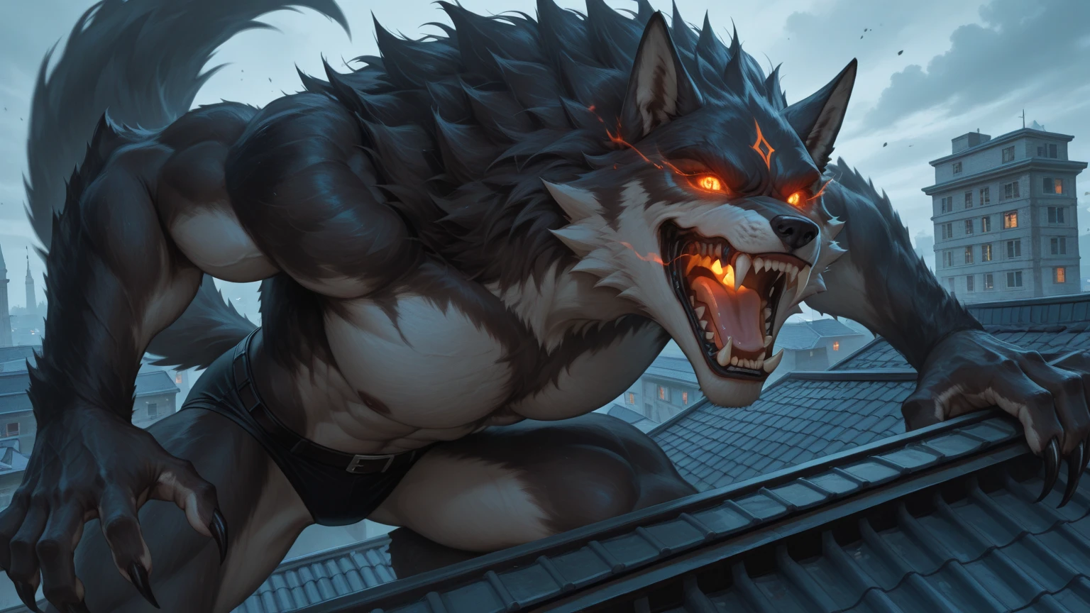 Macro Male Mightyena (pokemon), smug expression, big teeth, high contrast, 8k HD, detailed, hyper-detailed, furry vore, primary fur Grey, secondary fur Black, yellow eyes, orange spiky collar, best quality, ultra high res, Bully, Teasing, Flirty, Being worshipped