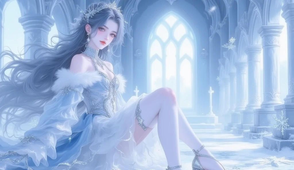 There is a poster，Picture with some ice cubes on it, Made of Ice, Everything is Made of Ice, female Made of Ice, ice background, on a throne of crystals, Inspired by Mei Qing, on an icy throat,