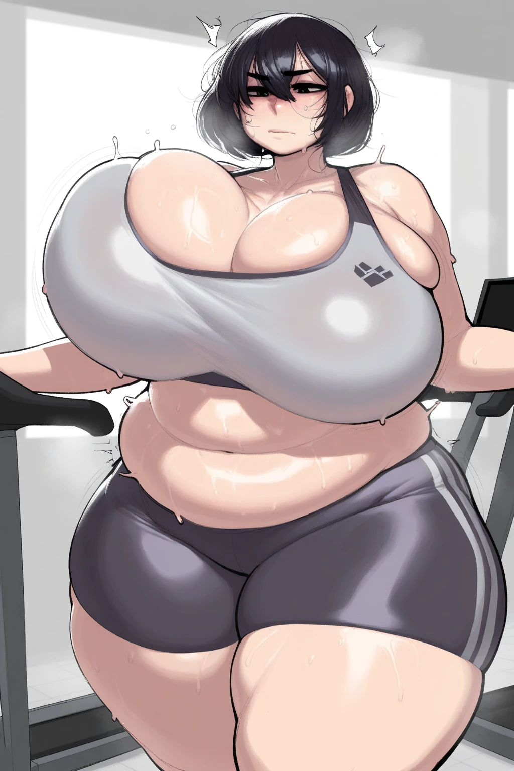 gym, workout, hot, sweating, sweaty, tan, big , tan skin, flustered, blush, purple clothes, see thru, yoga pants, black hair, sitting on exercise ball, gym ball, exercise ball, very big breast, sudando excesivamente, big very big breast, y the clothes are tearing, the clothes are transparente, las puntas de los pechos se están estirando de manera excitante, very big breast