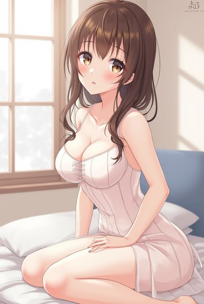 masterpiece, best quality, mature woman, Fukada Eimi, Eimi Fukada, brunette hair, curvy body, bedroom, white dress