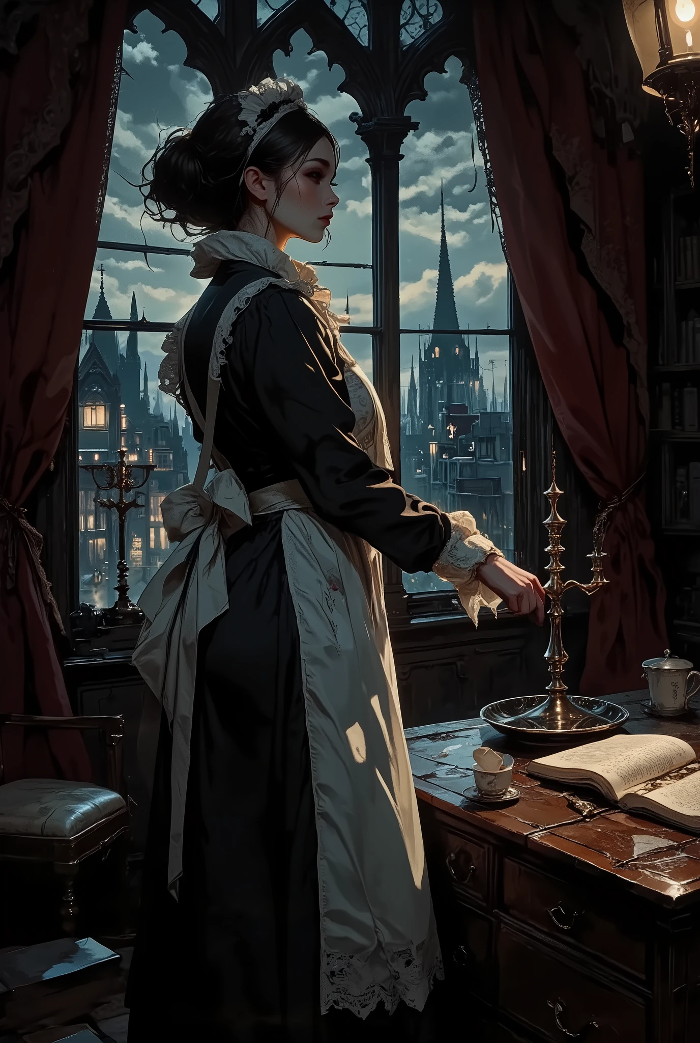 A maid in the semi-darkness of a Gothic mansion, frozen in profile at a high lancet window. Her slender figure is dressed in a modest but neat black dress with a white lace apron and cuffs, slightly worn from work. The wind, penetrating through the cracks in the old frames, ruffles the stray strands of her brown hair, gathered in a strict but careless chignon. She instinctively presses her palm against the maid's simple straw hat, which is about to be blown off her head by the wind. Her fingers, accustomed to hard work, tightly squeeze the brim of her hat, and in this gesture one can read the tired habit of daily struggle with the inconveniences of the old house. Her face, illuminated by the flickering light of a street lamp, seems almost transparent — delicate features, light freckles on the bridge of her nose, lips compressed into a tight line. Her eyes, wide and brown as autumn leaves, reflect the lights of the night city outside the window, but her gaze is fixed somewhere inside herself, as if she is listening to footsteps on the stairs or remembering something long forgotten. Behind her is the gloomy luxury of a neo—Gothic living room.: heavy velvet drapes with faded embroidery, an oak chest of drawers with cracked lacquer, candelabra covered with a layer of dust. On the table is a silver tray with unfinished tea and an open leather—bound book left by the owners. The wind stirs the pages, and it seems that the house breathes with her. Outside the window is a city at night, as old and full of secrets as this mansion. The cobblestone streets are dimly lit by gas lanterns, and in the distance you can see the spires of cathedrals resting against a low, cloudy sky. Somewhere in the alley, the signboard of a tavern creaks, and fragments of a drunken song can be heard — life goes on as usual, but she is here, in this house, among the shadows and whispers of the past. The style is realism with elements of Gothic aesthetics.