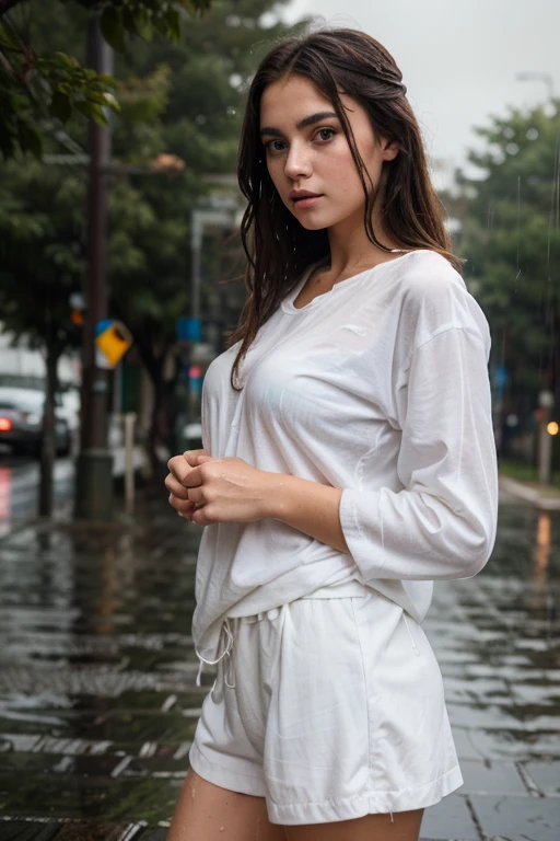 a beautiful teenage girl in a wet transparent white shirt, rush to the waterfall, the effects of water splashes and big waves, gambar full hd, realistic 8k