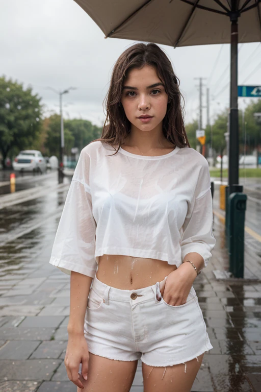Perfect best image quality, masutepiece, 超A high resolution, (fidelity: 1.4), Photo, 1 woman, (Caucasian, European) White shirt, torn jeans, White sneakers, Dim, Dark, Despair, pity, Poor, Furious, movie, Tears, Tears, (Torn clothes: 1.5), (Wet clothes: 1.4), Bare shoulders, Real rain, Wet hair