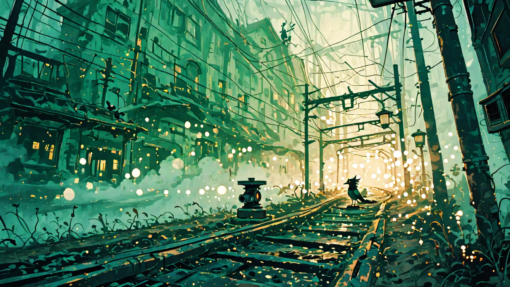 ((scenery,)) (((scenery focus,))) vanishing point perspective, no humans, masterpiece, best quality, cinematic lighting, highly detailed, details, ultra quality, HDR, 8k, ((bokeh, telephoto, sharp focus)), ((amazing composition,)) (((score 10,))) complex exterior, drab town, ((green murky weather,)) rickety buildings, dirt path, ((fog,)) sewer grate, blue black pink gothic palette, muddy ground, perched crows, power line