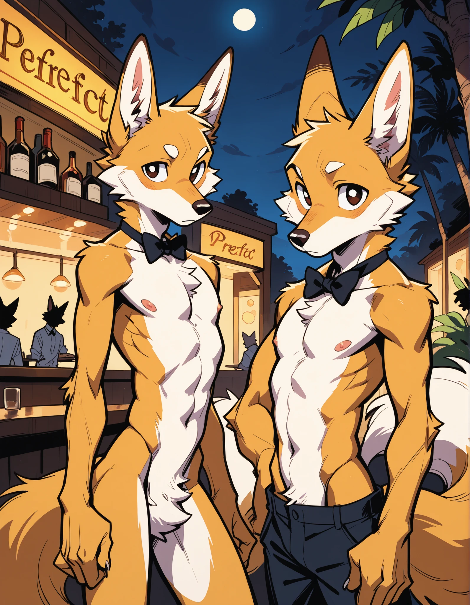 (masterpiece), best quality, perfect face, 2 topless furry shota cat boys, blushed, topless, nude, navel, lined up, café, innocent boy, ribbons, bow tie, restaurant, tugging own apron, big white briefs with black suspenders, name tag, briefs cafe, erect, penis