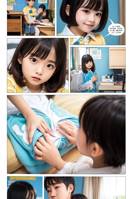 Three men surround, grab and touch the body of a sad T-shirted kindergarten girl