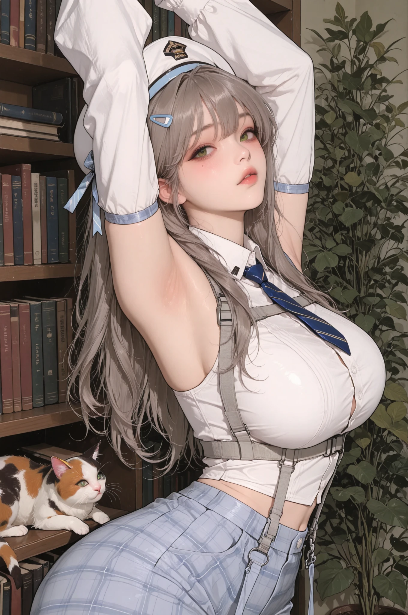 1girl, breasts, hetero, penis, 1boy, paizuri, nipples, large_breasts, uncensored, solo_focus, twintails, bangs, heterochromia, yellow_eyes, blush, looking_at_viewer, blue_eyes, mole, hair_ornament, male_pubic_hair, long_hair, hair_ribbon, ribbon, pubic_hair, multicolored_hair, blue_hair, collarbone, hairclip, indoors, black_ribbon, white_hair, sweat, collar
