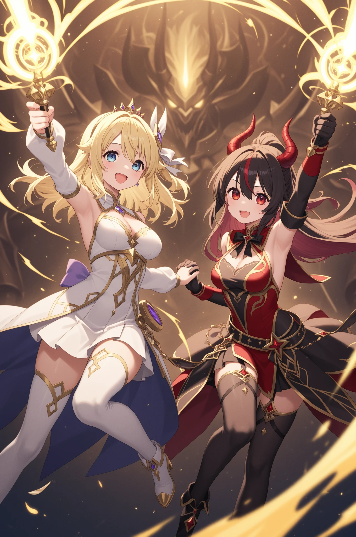 gemelos，2girls，the angel，Diablos，alas，Paradisiacal Country，Chaotic world，dynamicposes，8k，tmasterpiece，Caricatura dibujada a mano，La obra de arte