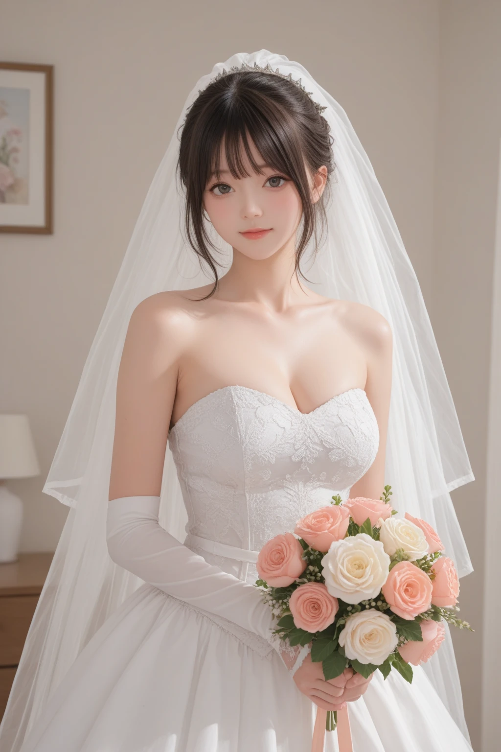 A girl,16 year old,pretty face,wedding dress,european countryside,blonde,bangs bangs,muscular arms,snow field and Xmas tree