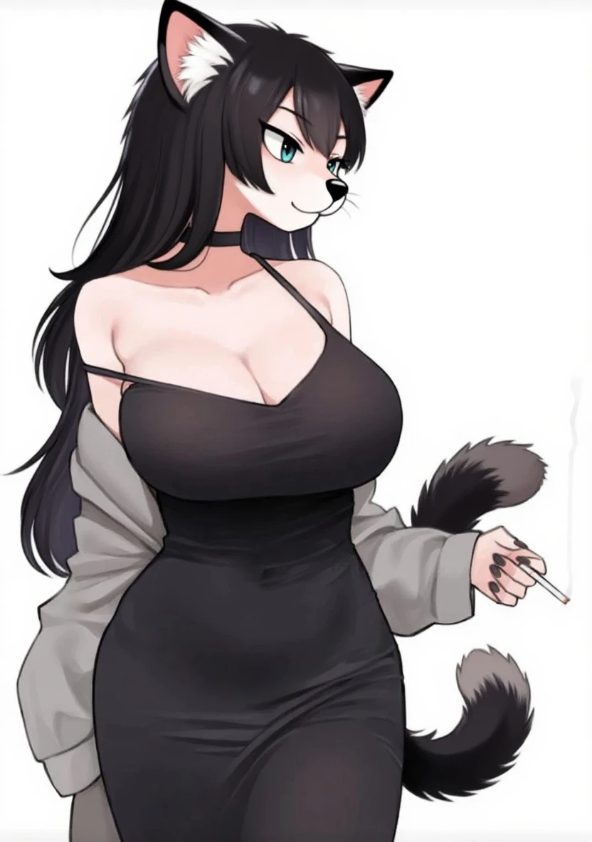 High quality, 4k, Massive breasts, older milf, black hair, motherly long braid hairstyle, purple eyes, thinner body, fit, milf body, black v-neck t-shirt, skinny jeans, deep cleavage, big hips, full body, sexy pose. Lustfull look on face. Wolf ears and tail, No human ears, cute boots.