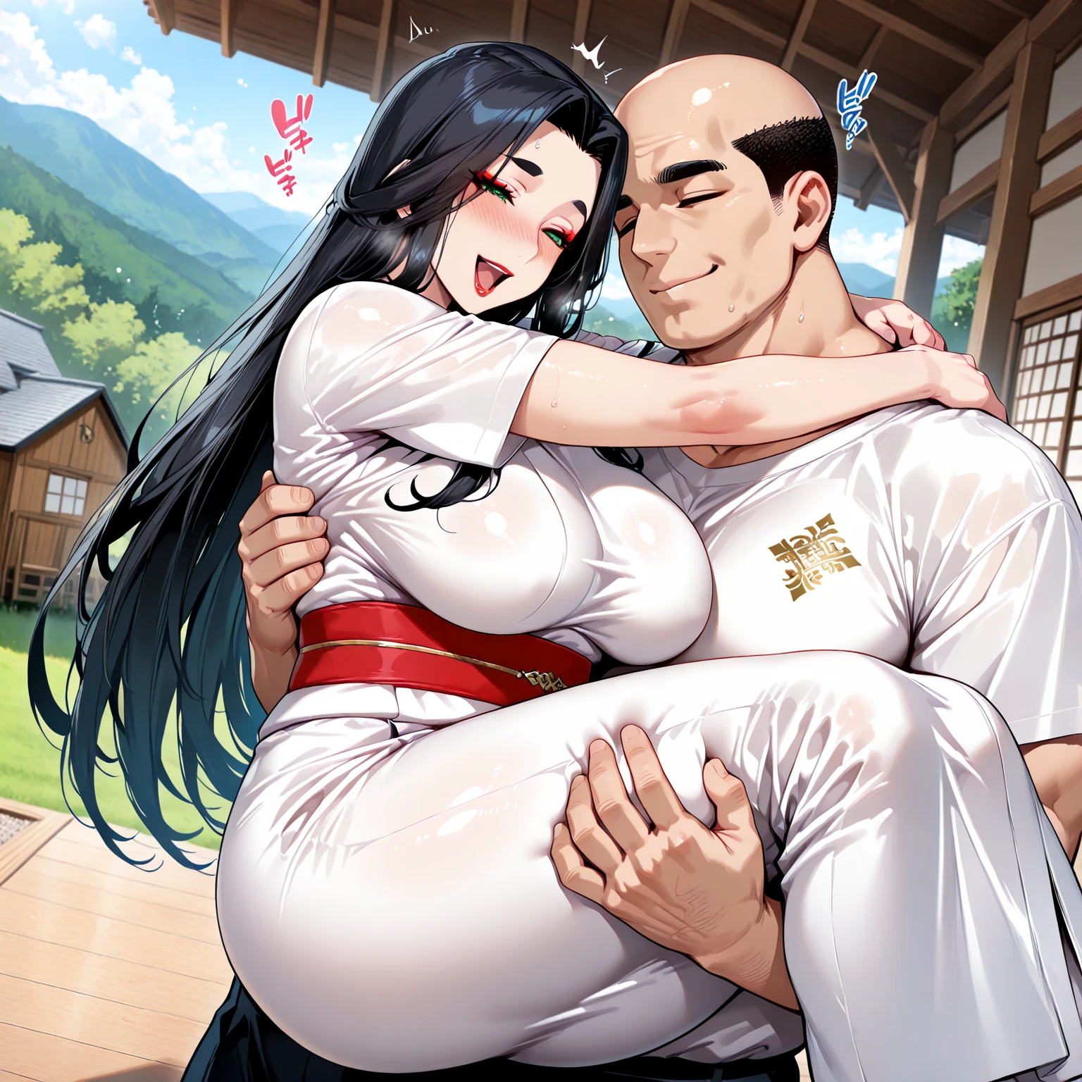 ancient China　A beautiful young princess with a royal hairstyle from the dynasty　Wearing a super shiny red raincoat and long sleeves Chinese clothing　The princess spreads her legs wide and moans as the old man licks her genitals.　