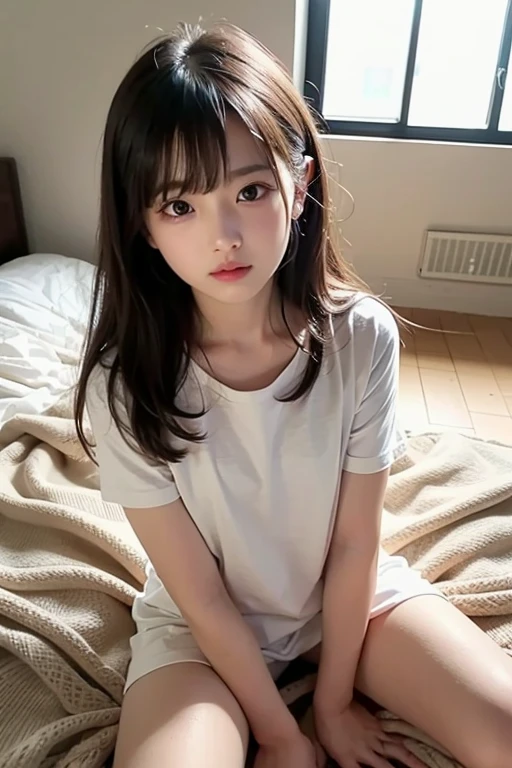 ((sfw: 1.4)), detailed face, cute face,brown eye, , extra short hair, sidelocks-hair, master piece ,lie , pillow hug dakimakura (object) , master piece , best quality , detailed , (matured female) , blouse , japanese , room , indoor