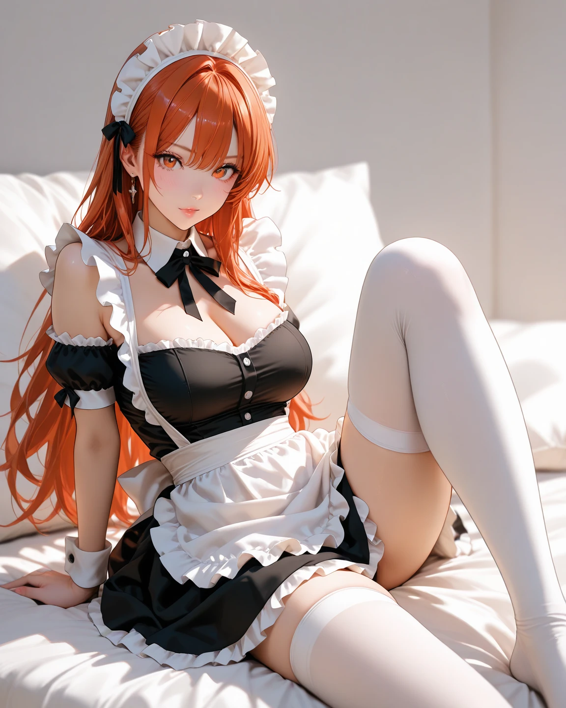 /draw apron orange_hair green_eyes breasts breasts_out couch dress female frills gloves highres koruse large_breasts long_hair looking_at_viewer lying maid maid_apron maid_headdress no_panties original solo gloves black pantyhose lifts her skirt and shows her ass in pantyhose HD UHD HQ