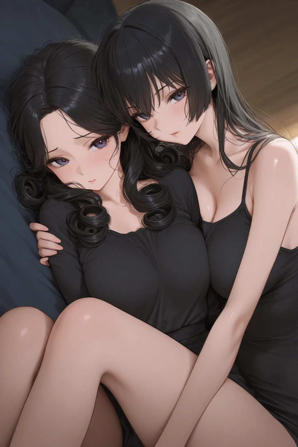 from front,upper body,look at viewer,claw pose,leaning forward,lie on bed,surprised,slender,fair skin,straight hair,long hair,forehead,black hair,Pouting mouth,big breasts,under boob,,,bare arms,hand between legs,lidoor,starry sky,