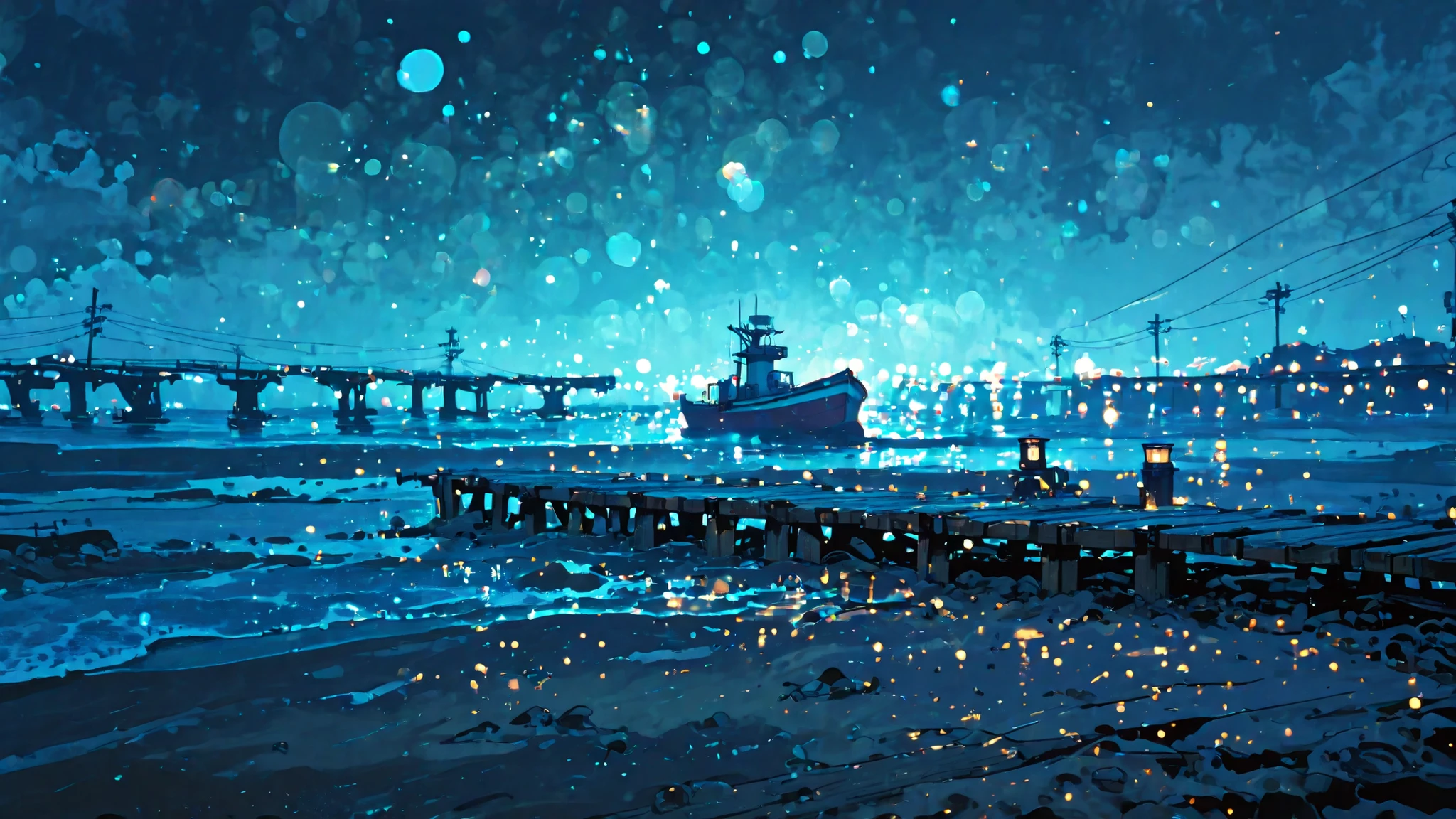 ((scenery,)) (((scenery focus,))) ferry focus, ferry in water, panorama, atmospheric perspective, no humans, masterpiece, best quality, cinematic lighting, highly detailed, details, ultra quality, HDR, 8k, ((bokeh, telephoto, sharp focus)), ((amazing composition,)) (((score 10,))) complex exterior, blue black pink gothic palette, drab scenery, green murky weather, ferry (ship), dirt path, fog, muddy ground, dock, power line old broken wooden bridge, broken canoe, muddy beach, beach next to ocean