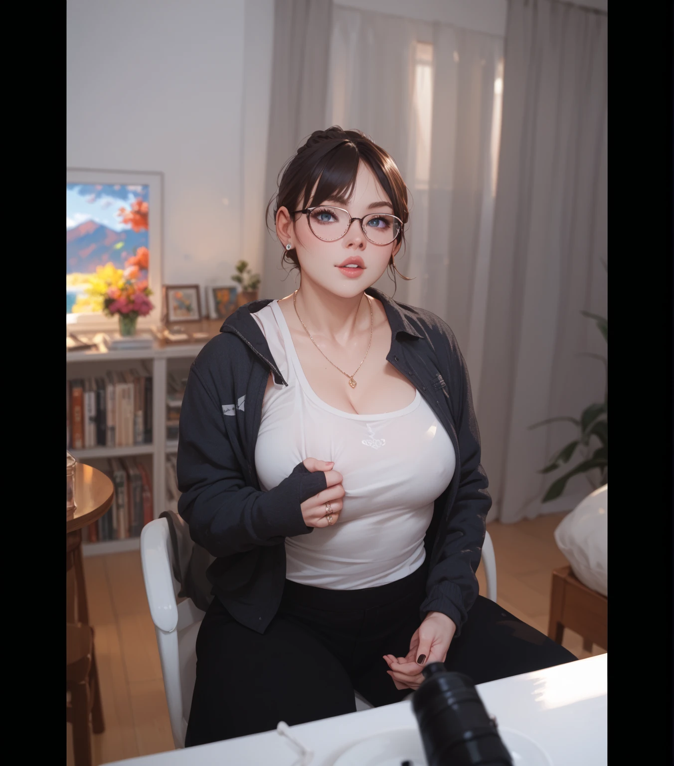(RAW photo, Realism: 1.8),(The upper part of the body:1.2 1girl,tmasterpiece,best qualtiy,ultra - detailed,illustratio,Fine and detailed eyes and detailed face)garments:oilyshinypantyhose,Wet tight white blouse,Vera, allure:Long neat blonde hair,Natural makeup,(Purple eye:1.05),White glasses,Wide buttock,huge tit,Cleavage is seductive,??,at_The_vd_Office,looking at viewert,curvy build,Raised sexy,full bodyesbian,Madam CEO,(a matural female,A MILF:1.1),独奏,(curves:1.1),big assa,thick thight,??, Modern office background,Sitting down,Legs crossed,Wearing sweat