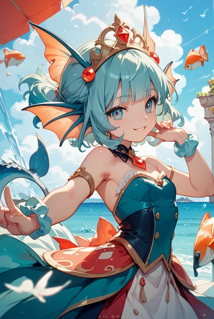 Highly detailed, masterpiece, high quality, pretty anthropomorphic mouse girl magically transformed into a mermaid, fantasy, race change, smiling, anime style, mouse ears, long mermaid tail below waistline, pelvic and dorsal fins, a pair of fish gills on her neck, seashells bra, pearl earrings and bracelets, pearl necklace,