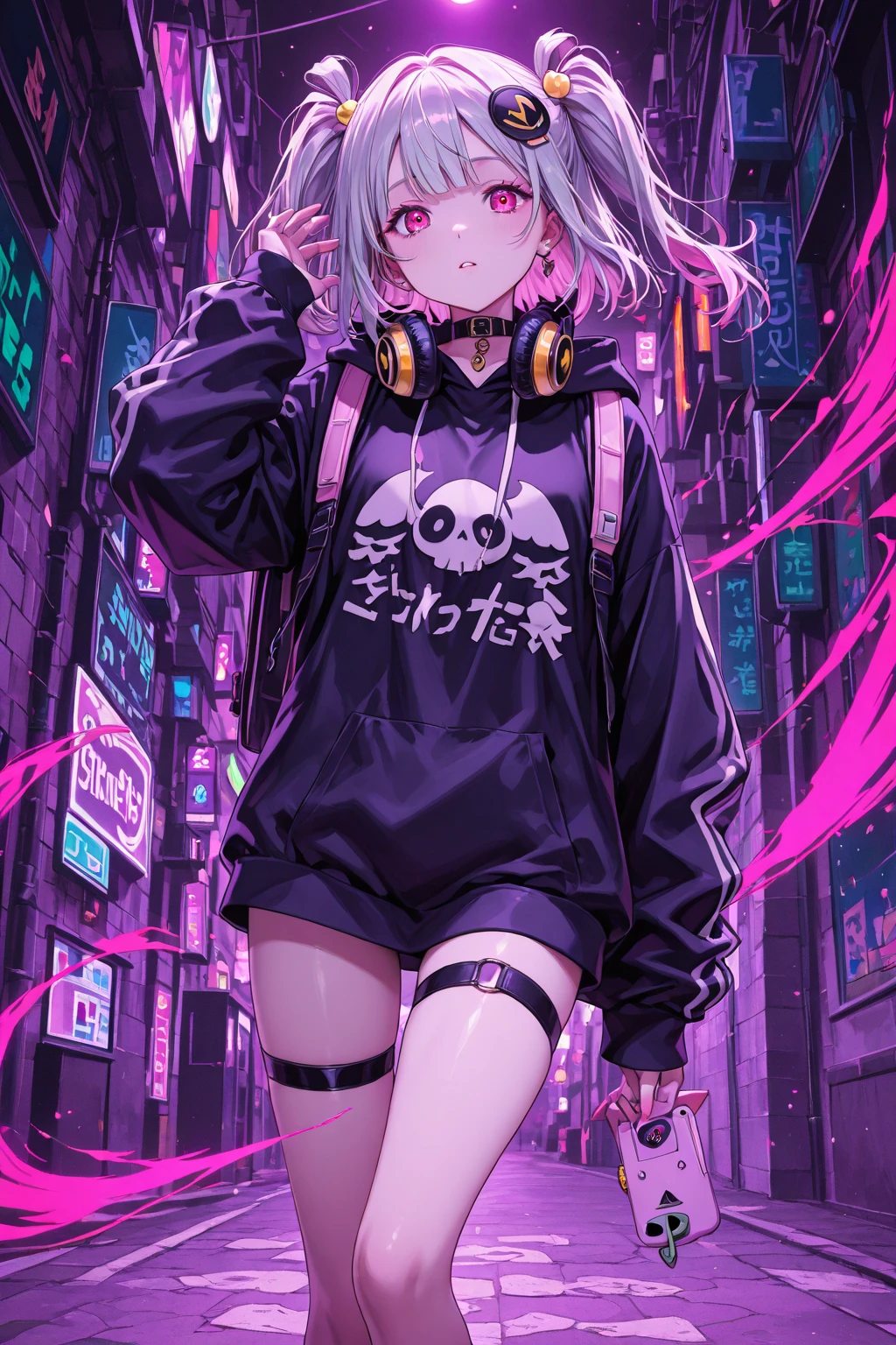 masterpiece, best quality, detailed, depth of field, sfw, safe, rating_safe, 1boy, full body, otoko no ko, femboy, sulking, pouting, silver hair, very long hair, straight hair, red eyes, pointed ears, flat chest, neon pink and neon blue colors, emo punk clothing, rave, pole, dynamic pose